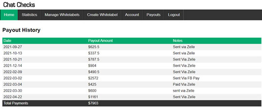 Live chat affiliate payouts log at ChatChecks.com