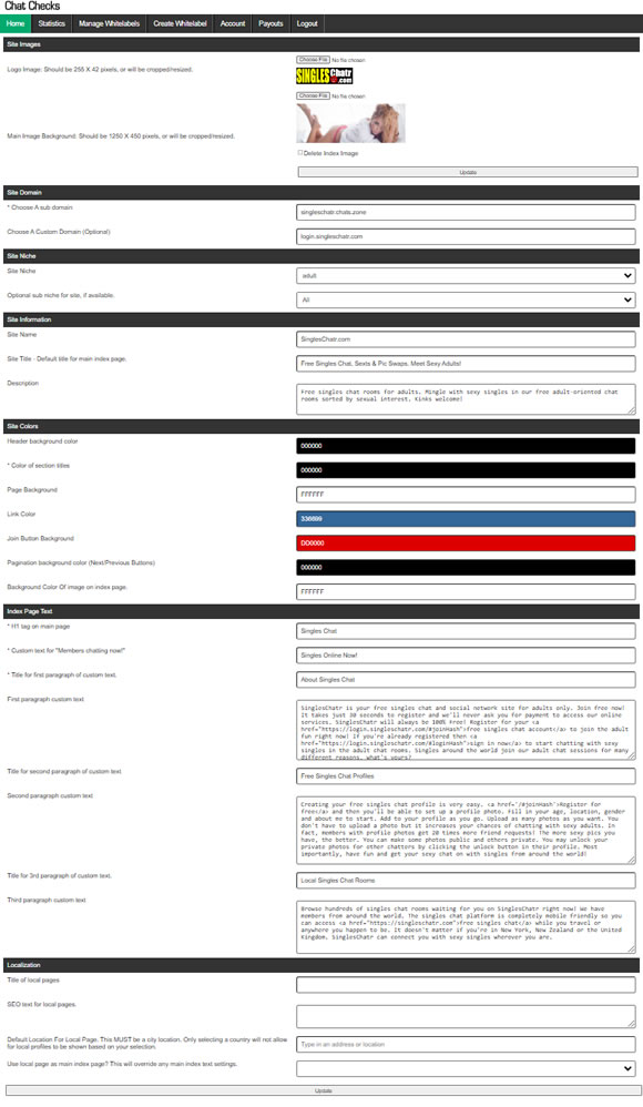 Chat management interface for affiliates at ChatChecks.com